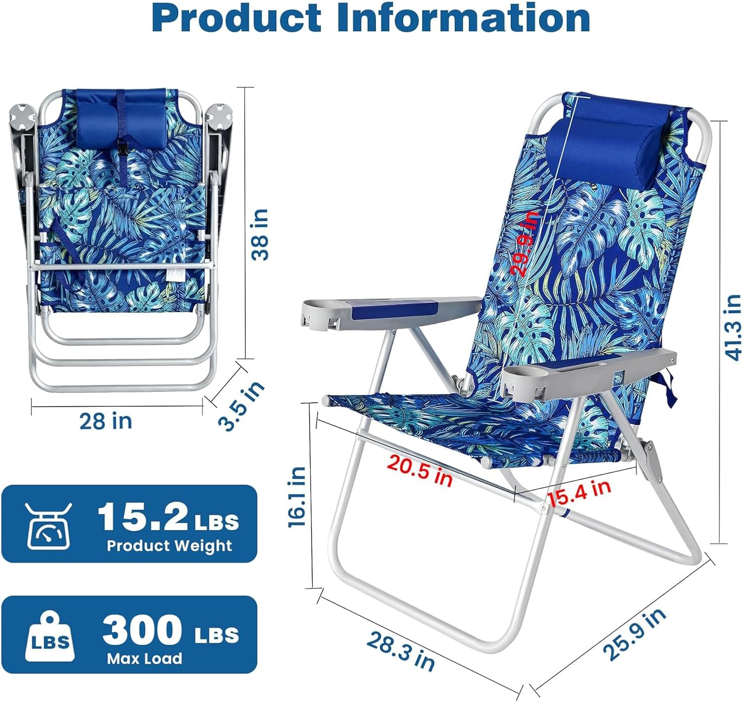 Detalle de SUNNYFEEL 17" Tall Oversized Beach Chairs (2-Pack) with 5-Position Recline, Heavy-Duty 500 LBS Capacity