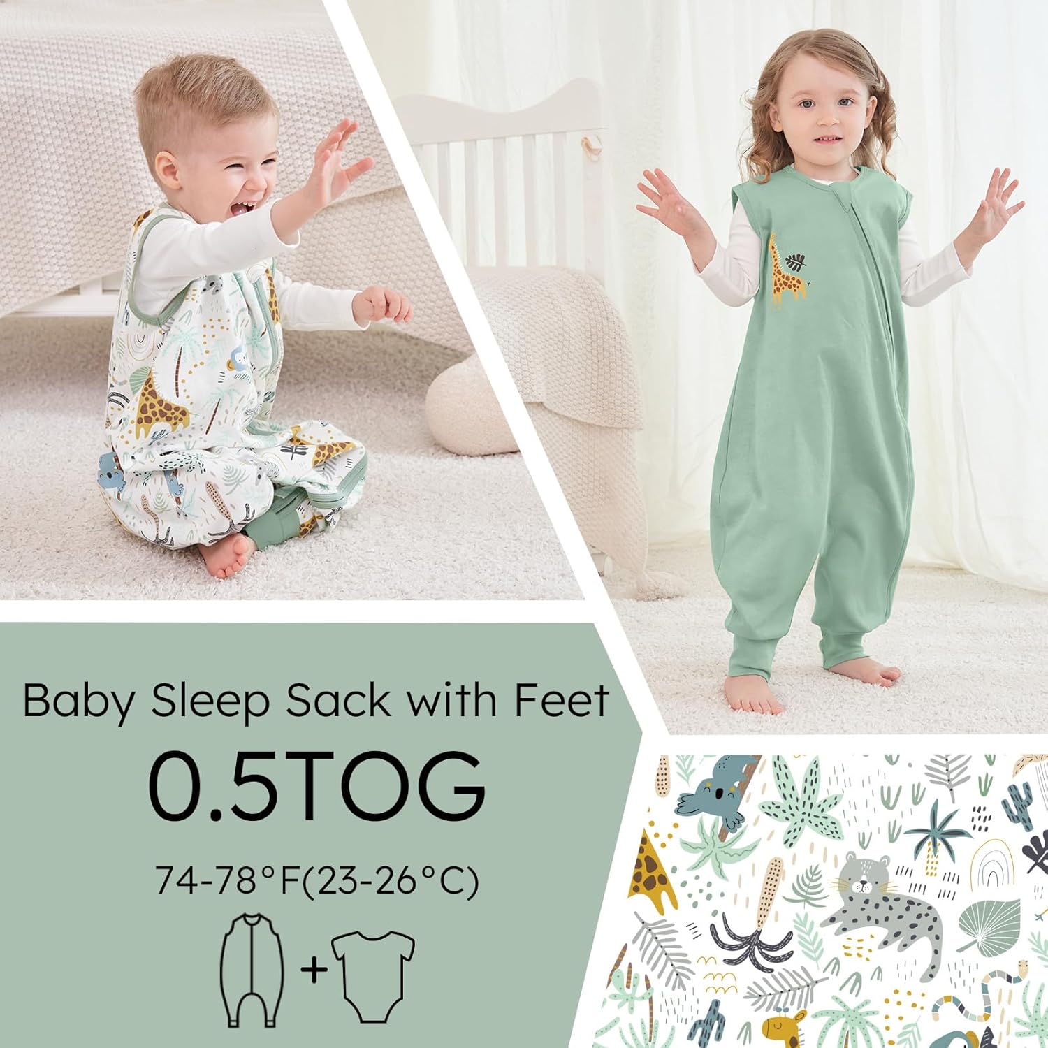 Thumbnail 6 de Yoofoss 2er Pack Baby Schlafsack mit Füßen 0.5 Tog – 100% Baumwolle, 80 cm, Grün Giraffe