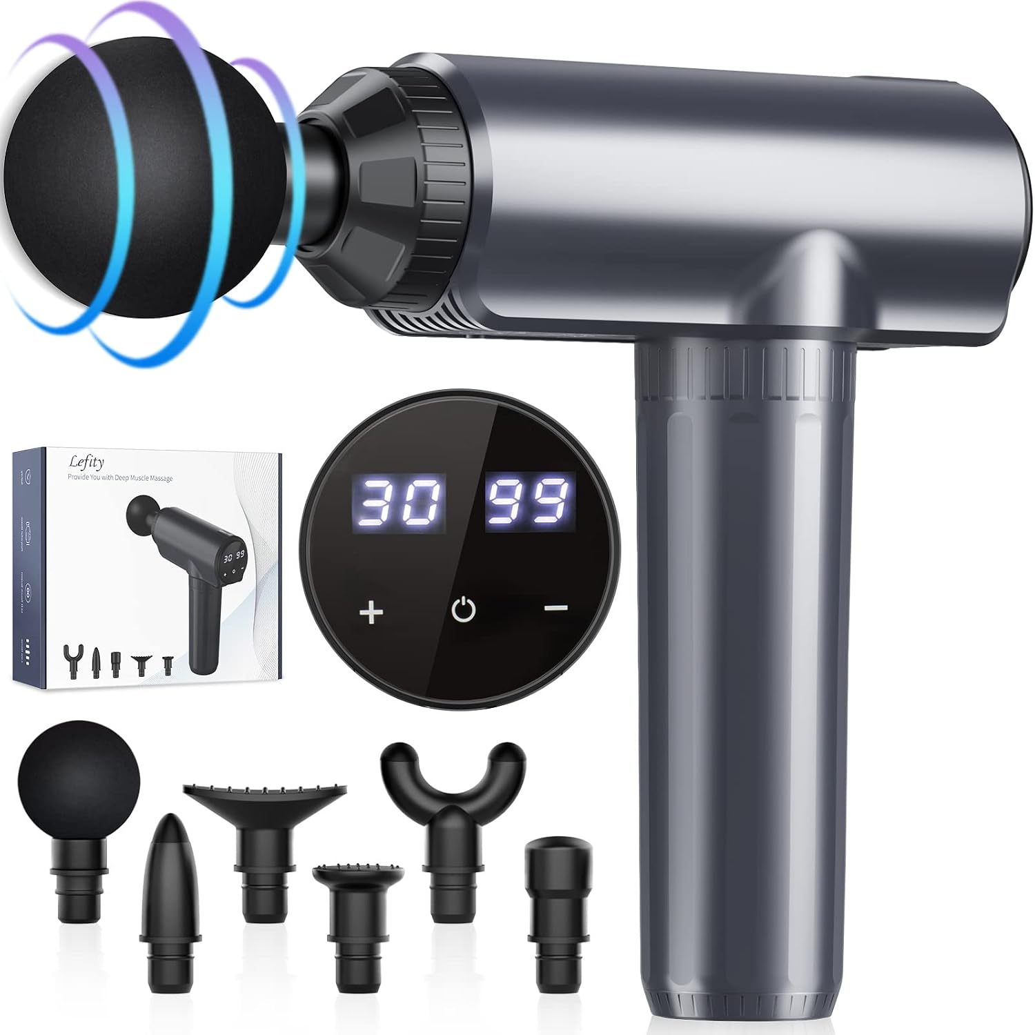 Detalle de Lefity Massagepistole – Tiefenmassage mit 30 Geschwindigkeiten, 6 Aufsätzen, USB-C, leise 45 dB, 750 g