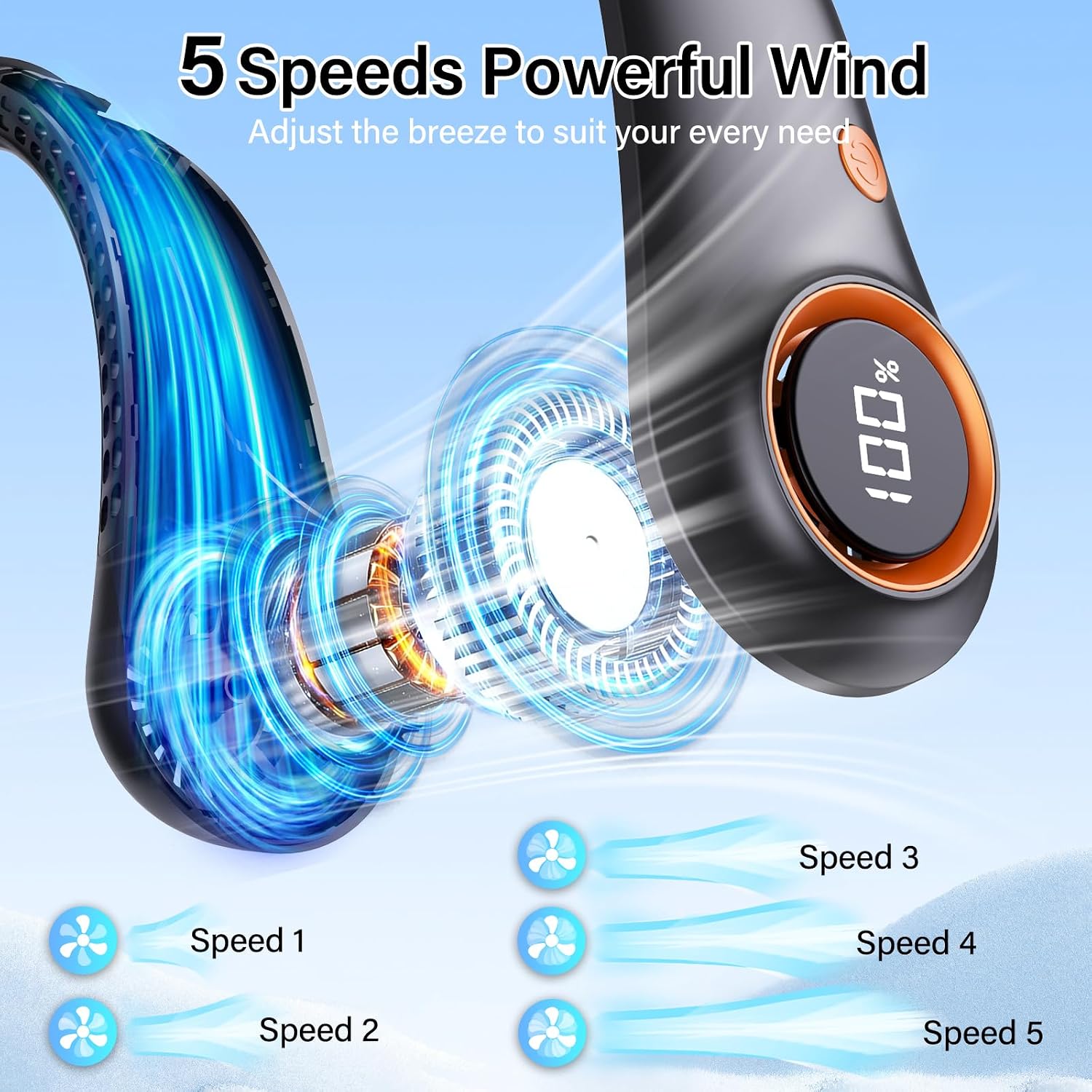 Detalle de Taiofan Portable Neck Fan: 5-Speed Bladeless, USB-C Rechargeable Personal Cooler