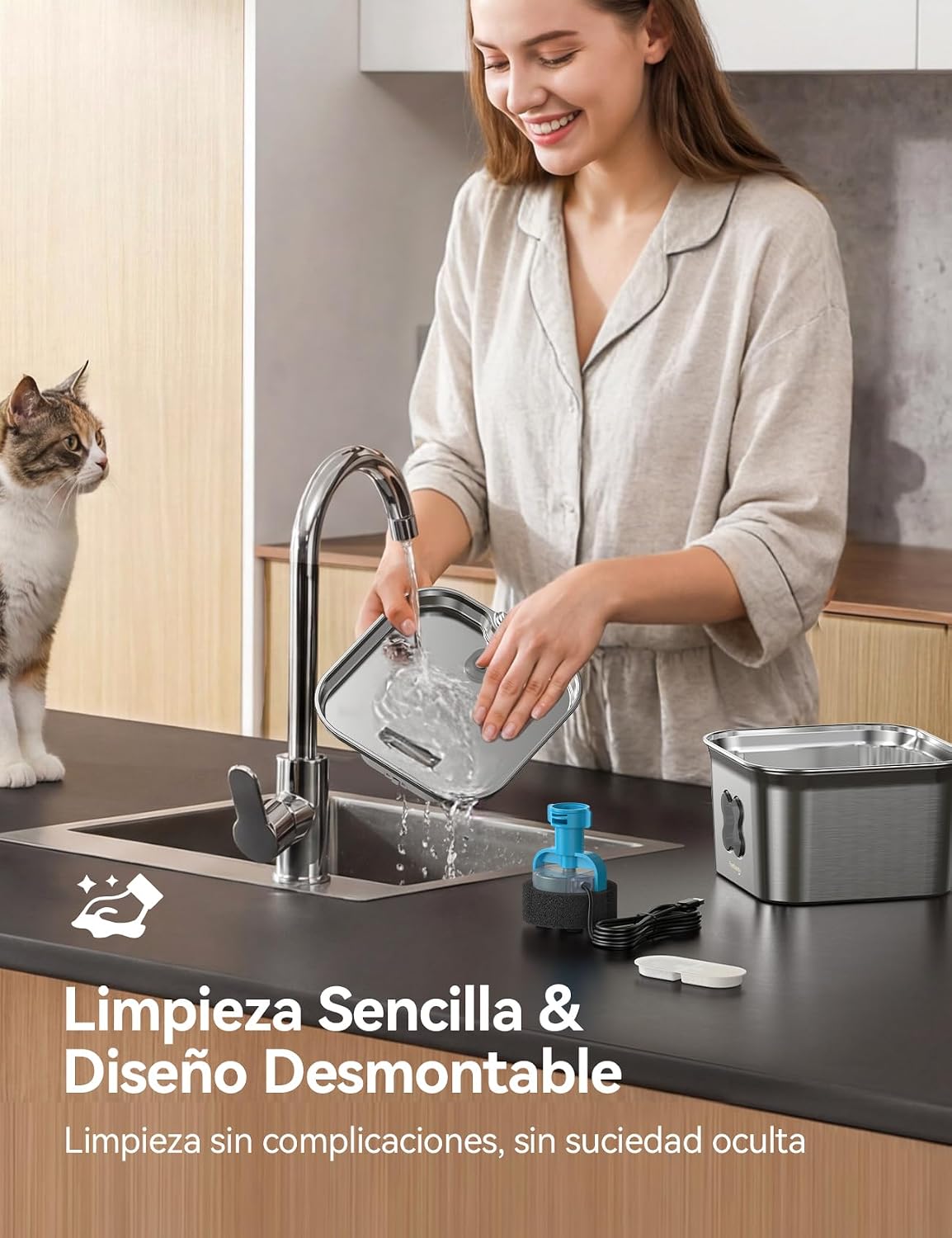 Detalle 2 de FEELNEEDY Fuente para Gatos de Acero Inoxidable SUS 304 2,8L con Filtración de 4 Capas