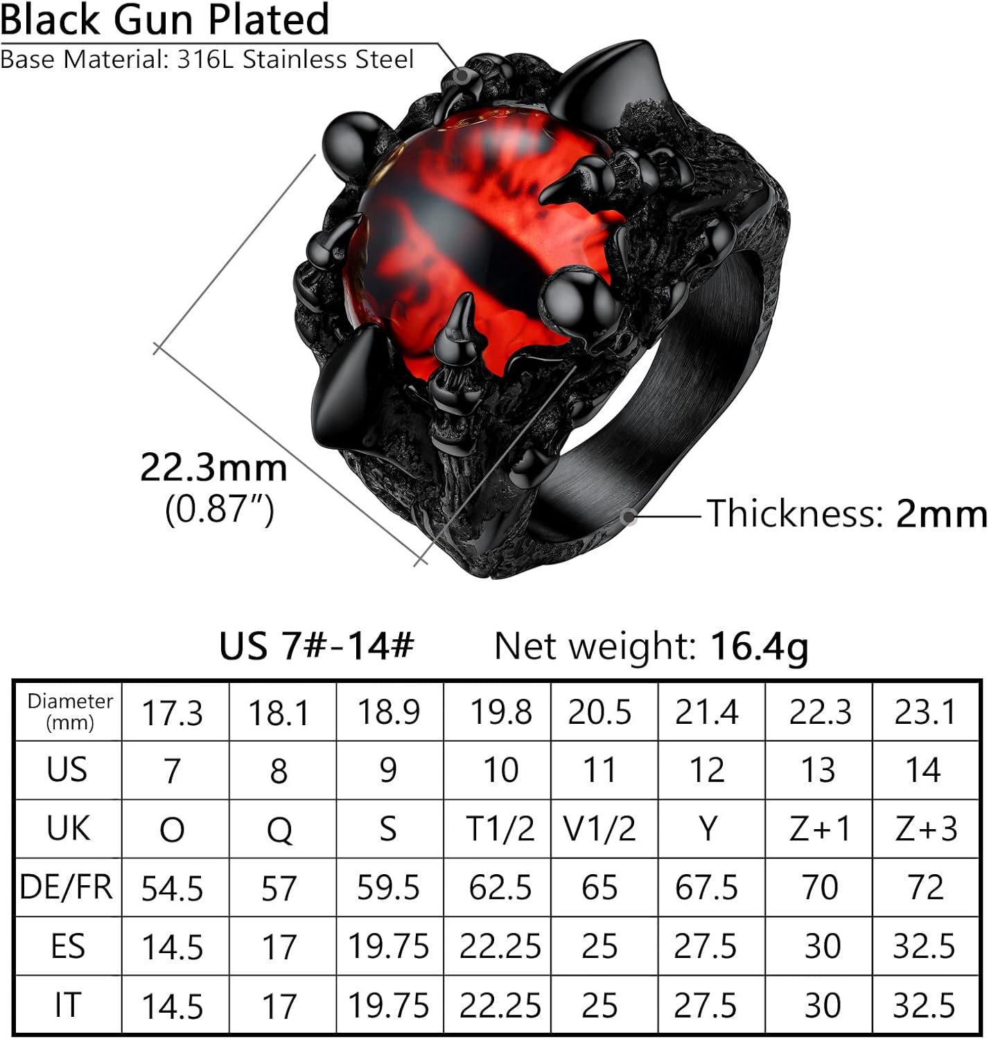 Thumbnail 4 de Bague homme gothique PROSTEEL Chevalière Œil du Diable rouge en acier inoxydable 316L