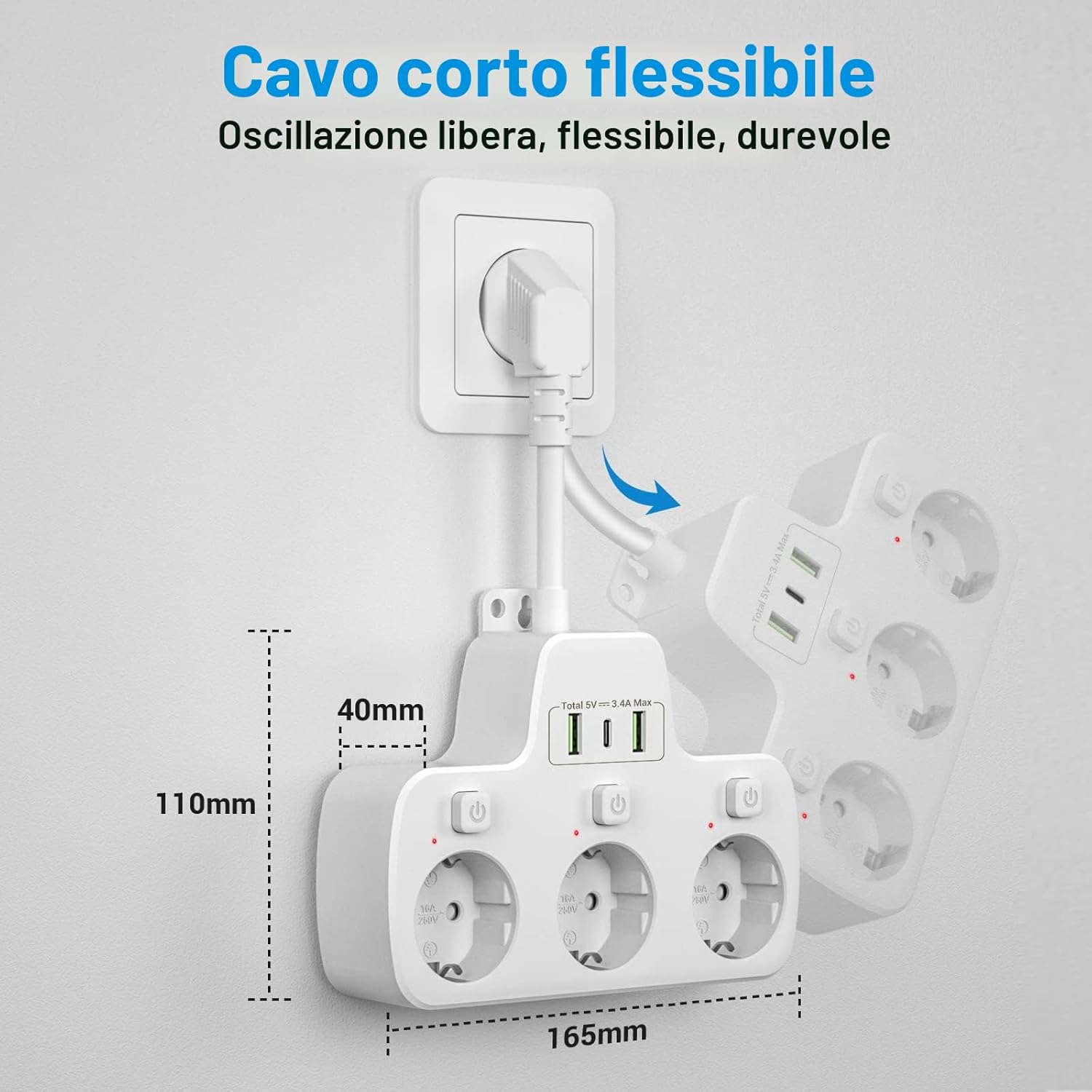 Detalle de Ciabatta Multipresa USB-C con tre prese, interruttori indipendenti e ricarica intelligente
