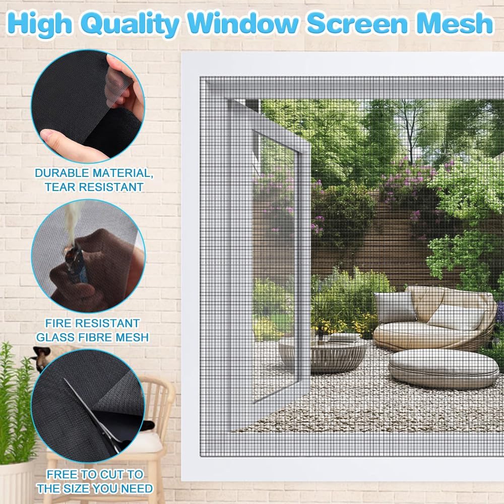 Thumbnail 2 de BUZIFU Fliegengitter Meterware aus Fiberglas, 90 x 500 cm mit Fensterputzbürste – UV-beständig für Fenster & Türen (Schwarz)