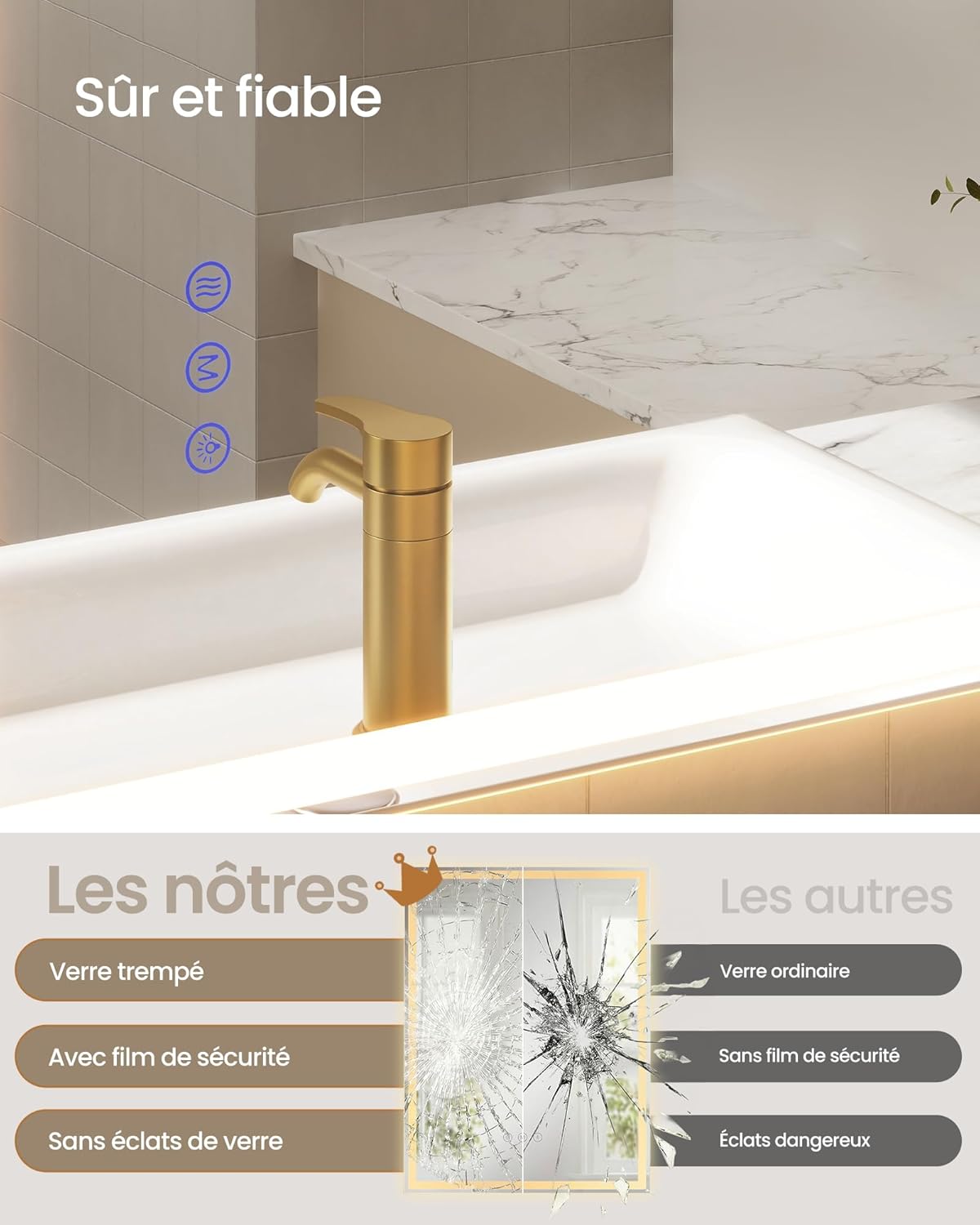 Detalle 2 de SONGMICS Miroir de Salle de Bain avec Éclairage LWM212WC02 – Antibuée, LED réglables et cadre blanc