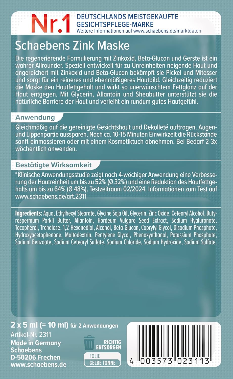 Detalle 2 de Schaebens Masque crème au zinc – soin visage vegan pour peaux à impuretés