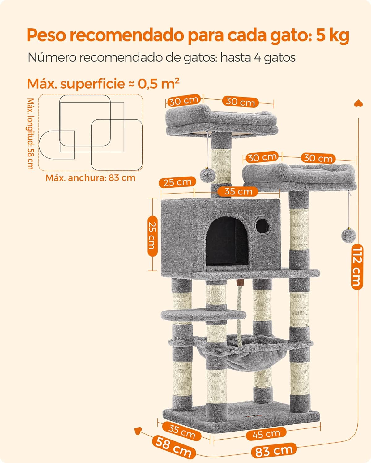 Detalle 2 de Feandrea Albero per Gatti Alto 112 cm – Tiragraffi Multilivello con 11 pali, grotta, amaca e accessori