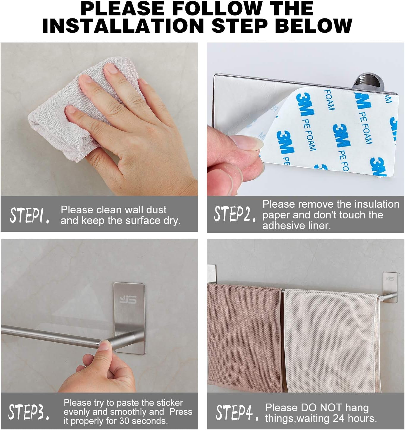Thumbnail 6 de JS Towel Rail Holder 30CM – Stainless Steel Adhesive Towel Bar (No Drilling)