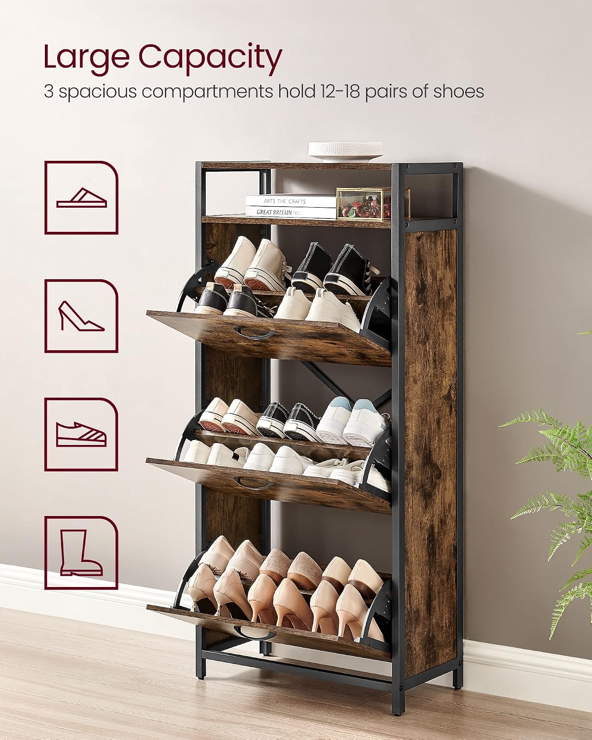 Thumbnail 4 de VASAGLE BARNET LBS101B01 Shoe Cabinet, 3 Flip Doors, Rustic Brown