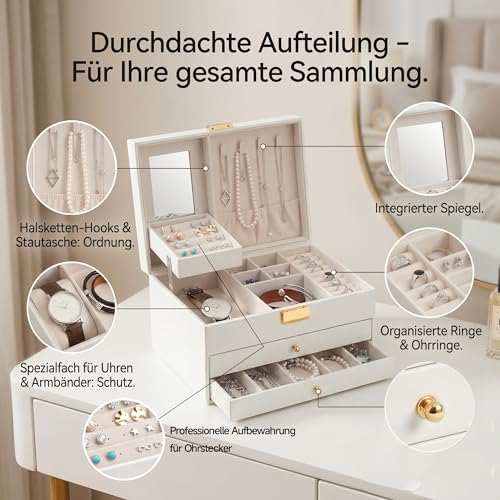 Detalle de AJIEQAQ Schmuckkästchen Weiß mit Spiegel – 3 Ebenen, 2 Schubladen, praktische Schmuckaufbewahrung