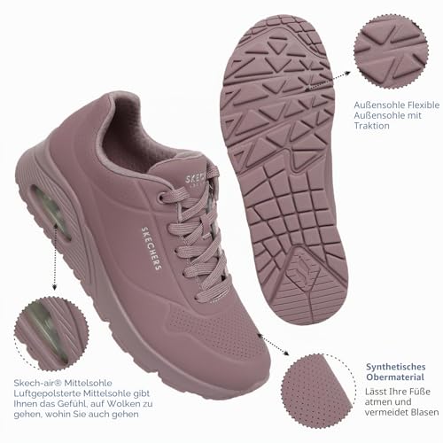 Detalle de Skechers Damen Uno Stand On Air Trainer in Dk. Mauve Durabuck/Mesh – Größe 37 EU