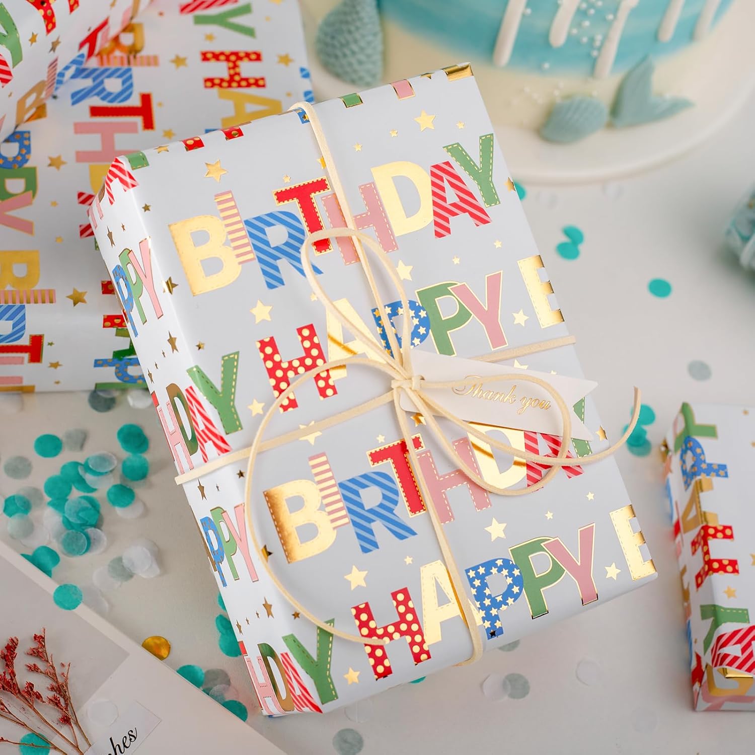 Thumbnail 1 de WIKADLIK Colorful Birthday Wrapping Paper Roll – 43 cm x 10 m with Gold Foil Happy Birthday Lettering