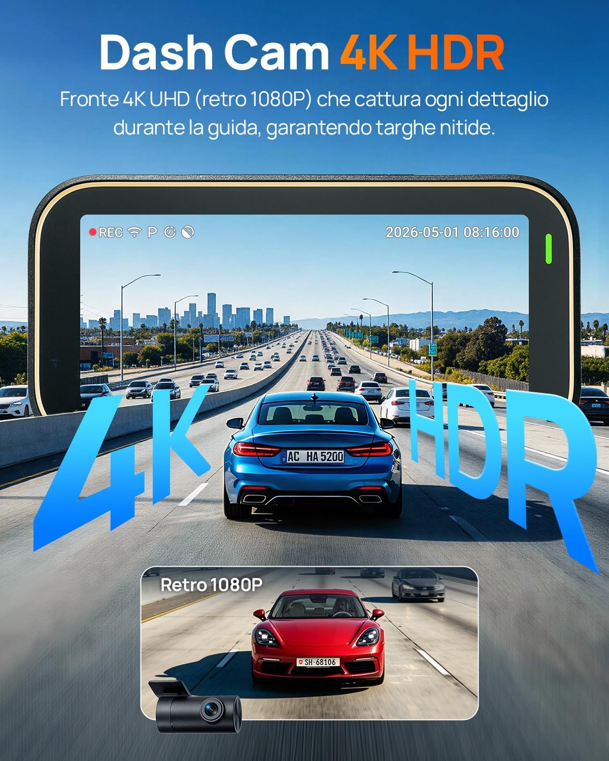 Thumbnail 1 de 70mai A810 Lite Dash Cam Auto 4K + 1080P: Dash cam frontale 4K e posteriore 1080P con GPS, 5GHz WiFi e 4G LTE