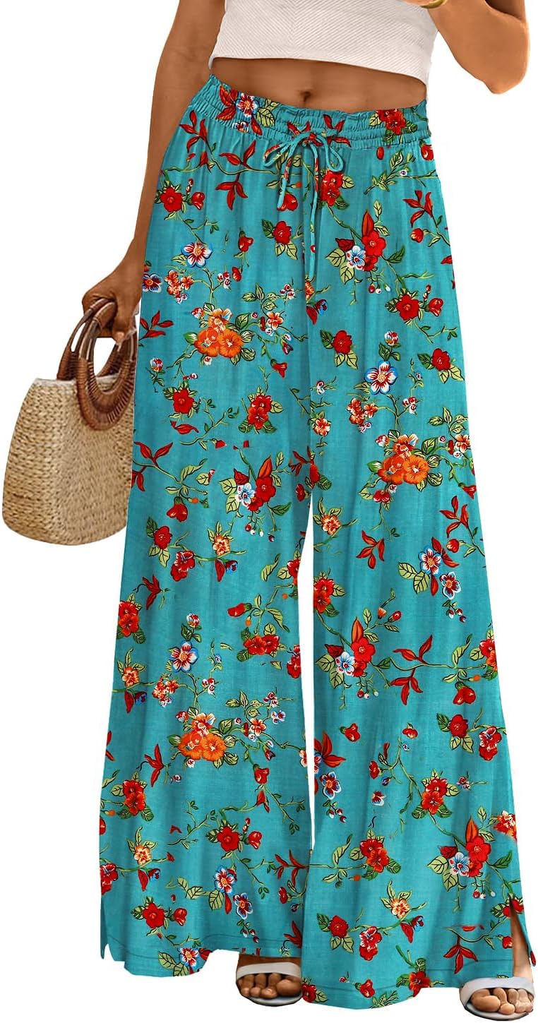 Detalle de YESNO Women Summer Flowy Wide Leg Pants with Drawstring Elastic Waist and Pockets