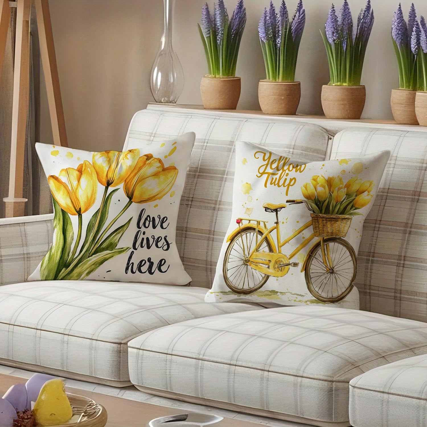 Detalle 2 de PVOODIRE Gelbe Kissenbezüge 40x40 cm – 4er Set aus Leinen mit Blumenmuster