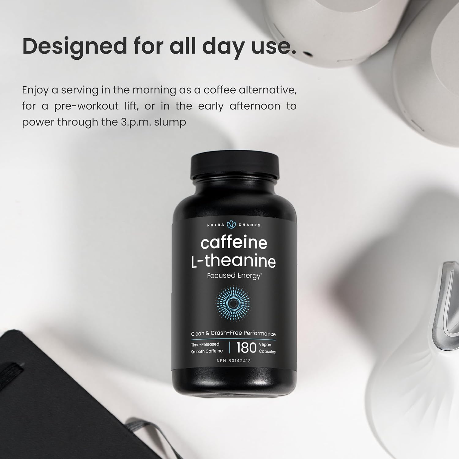 Detalle 1 de NutraChamps Caffeine Pills with L-Theanine, 180 Vegan Capsules