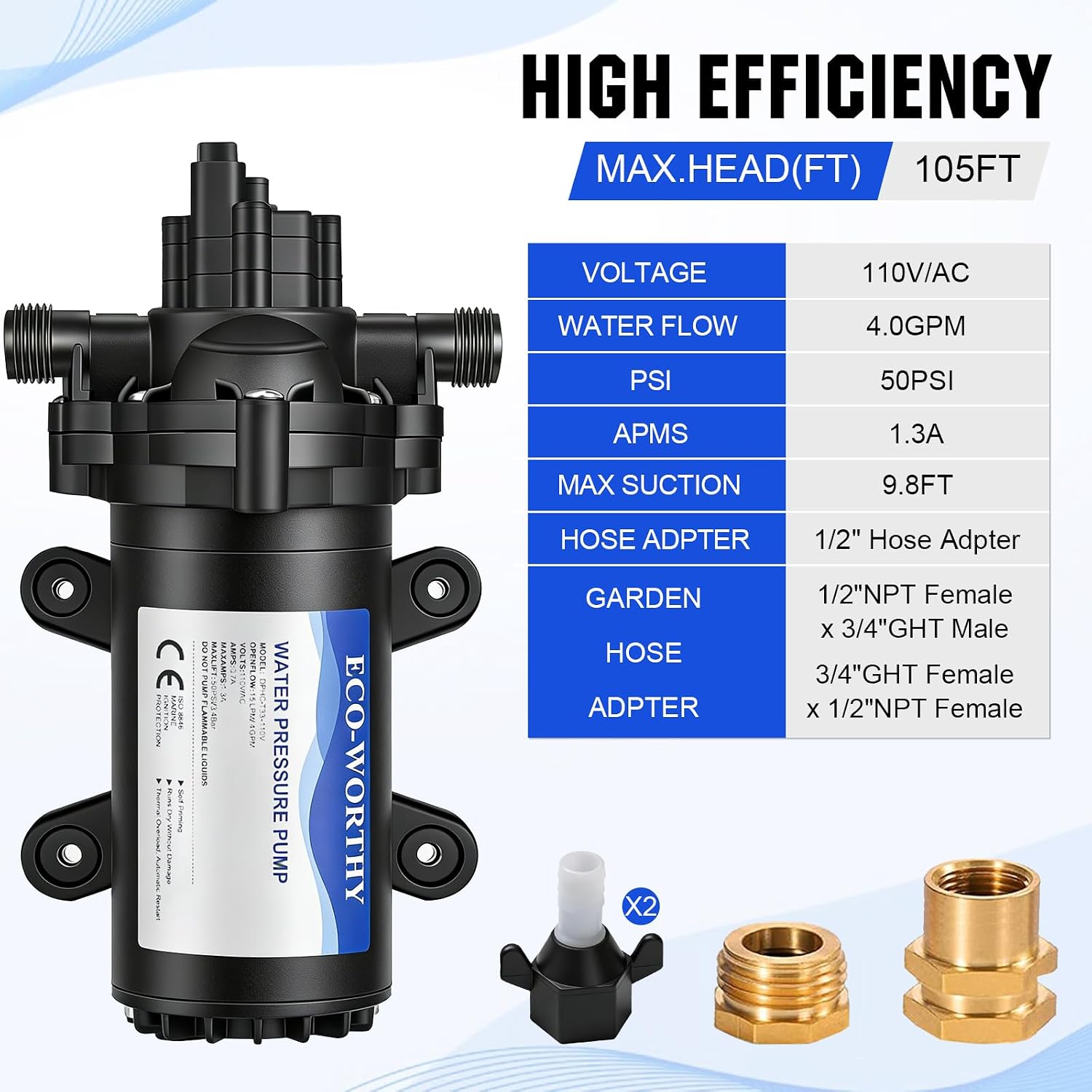 Thumbnail 2 de ECO-WORTHY 33-Series Industrial Diaphragm Water Pressure Pump (110V AC, 4.0GPM, 50PSI) for RV, Marine & Irrigation
