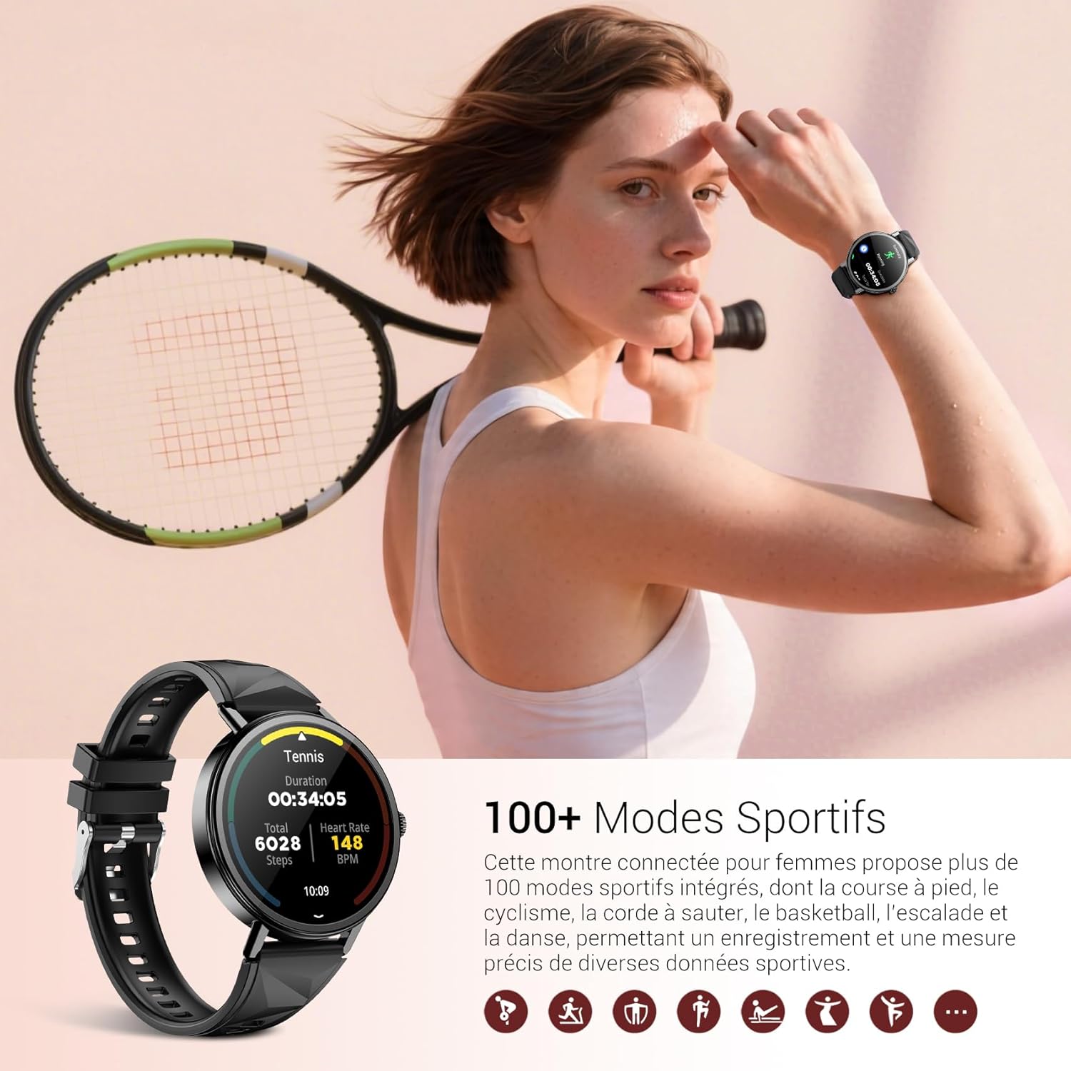 Detalle 2 de Blackview Montre Connectée Femme – 1,26'', Appel Bluetooth, Suivi du Cycle et 100+ Modes sportifs
