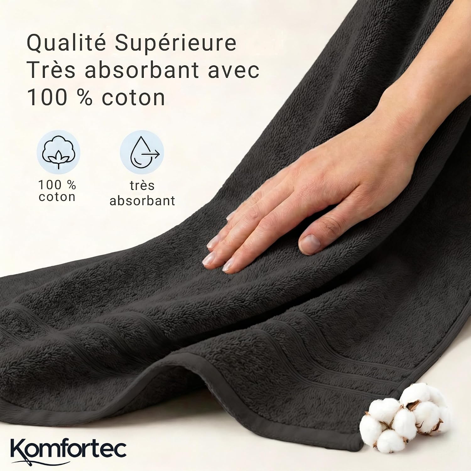 Detalle de Komfortec Lot de 2 Serviettes de Sauna 80 x 200 cm – 100% Coton XXL Noir/Rouge