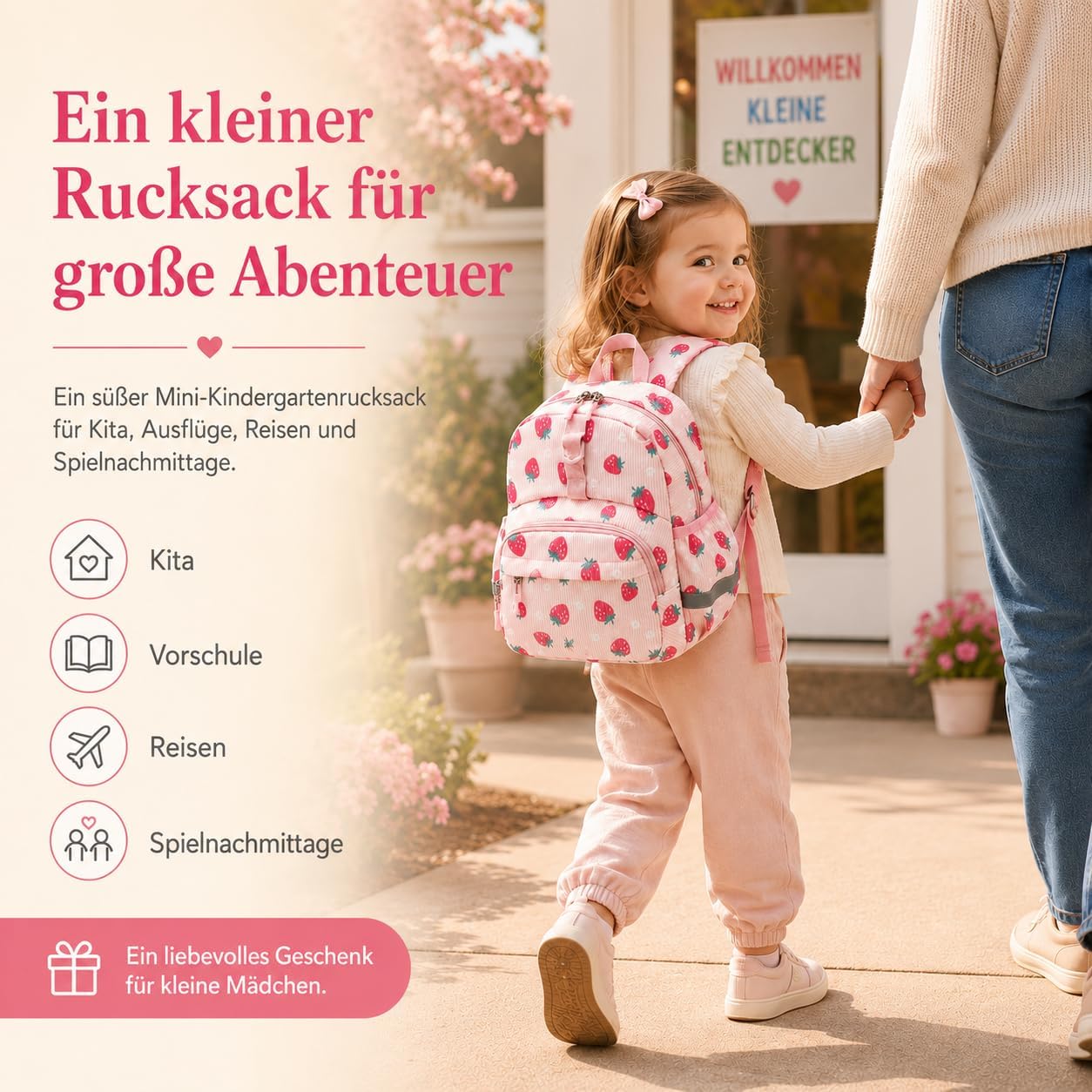 Detalle de LOIDOU Kleinkind-Rucksack Mädchen 12 Zoll – Rosa Erdbeeren & Blumen, 8 L, isolierte Fronttasche