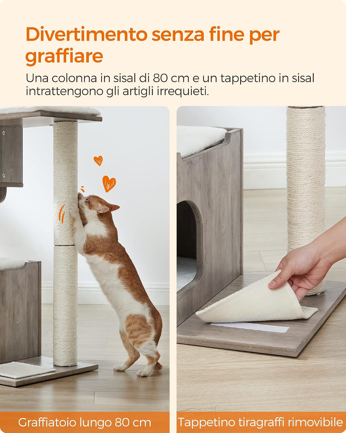 Detalle 2 de Feandrea Tiragraffi con grotta, 2 aree in sisal e basi imbottite lavabili, greige melange PCT070G01 (86 cm)