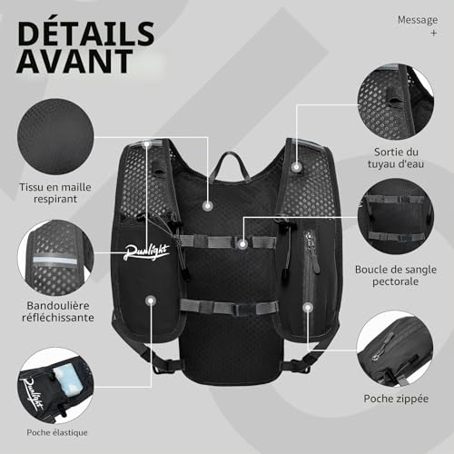 Detalle de Runlight Gilet de course avec bouteille d’eau 1500 ml – gilet hydratation léger et ajustable (noir, taille unique)