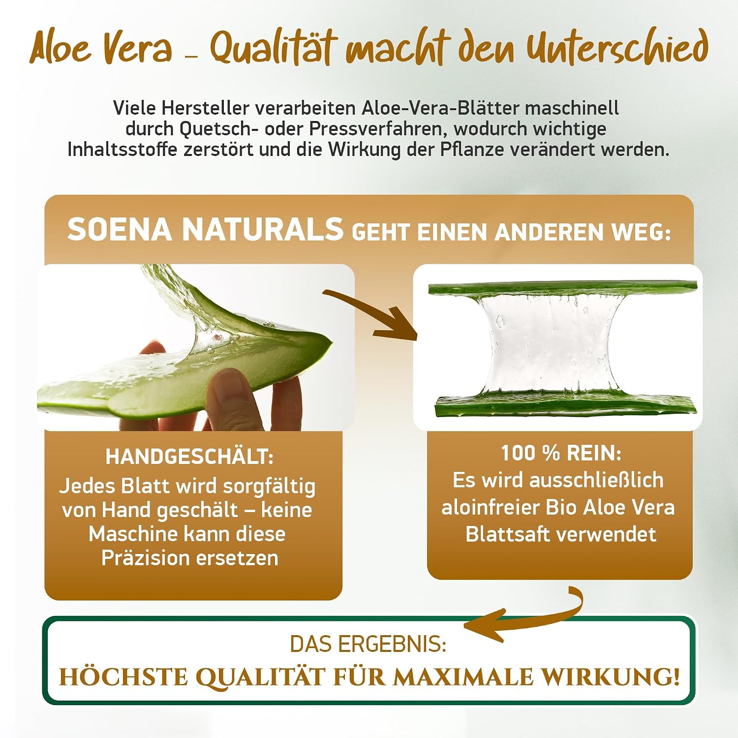 Detalle de Soena® Aloe Vera Gel mit 100% BIO Aloe Vera (96% Aloe, ohne Alkohol & Duftstoffe) – Feuchtigkeitspflege, 250 ml