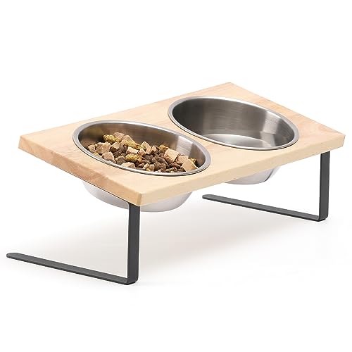 Detalle de FUKUMARU Comedero Elevado para Gatos y Cachorros – Cuenco Ajustable en Acero Inoxidable con Soporte de Madera