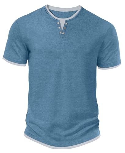 Detalle de Hisir Camiseta de Verano para Hombre - Manga corta, cuello redondo, color blocks Azul Gris (S)
