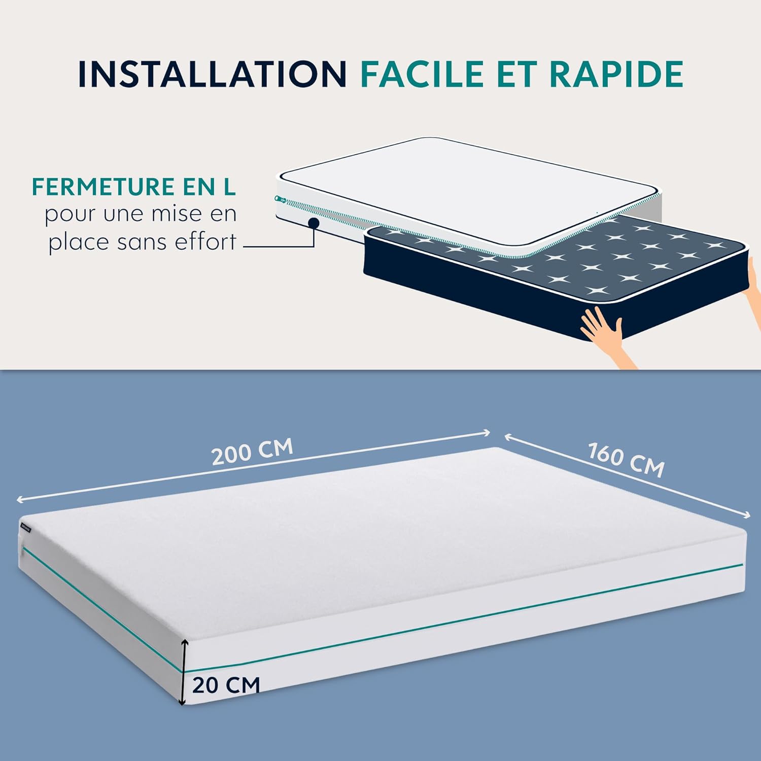 Thumbnail 5 de Dreamzie Housse matelas intégrale 160x200 x20 cm anti-acariens et punaises de lit (fermeture éclair, imperméable, Oeko-Tex)