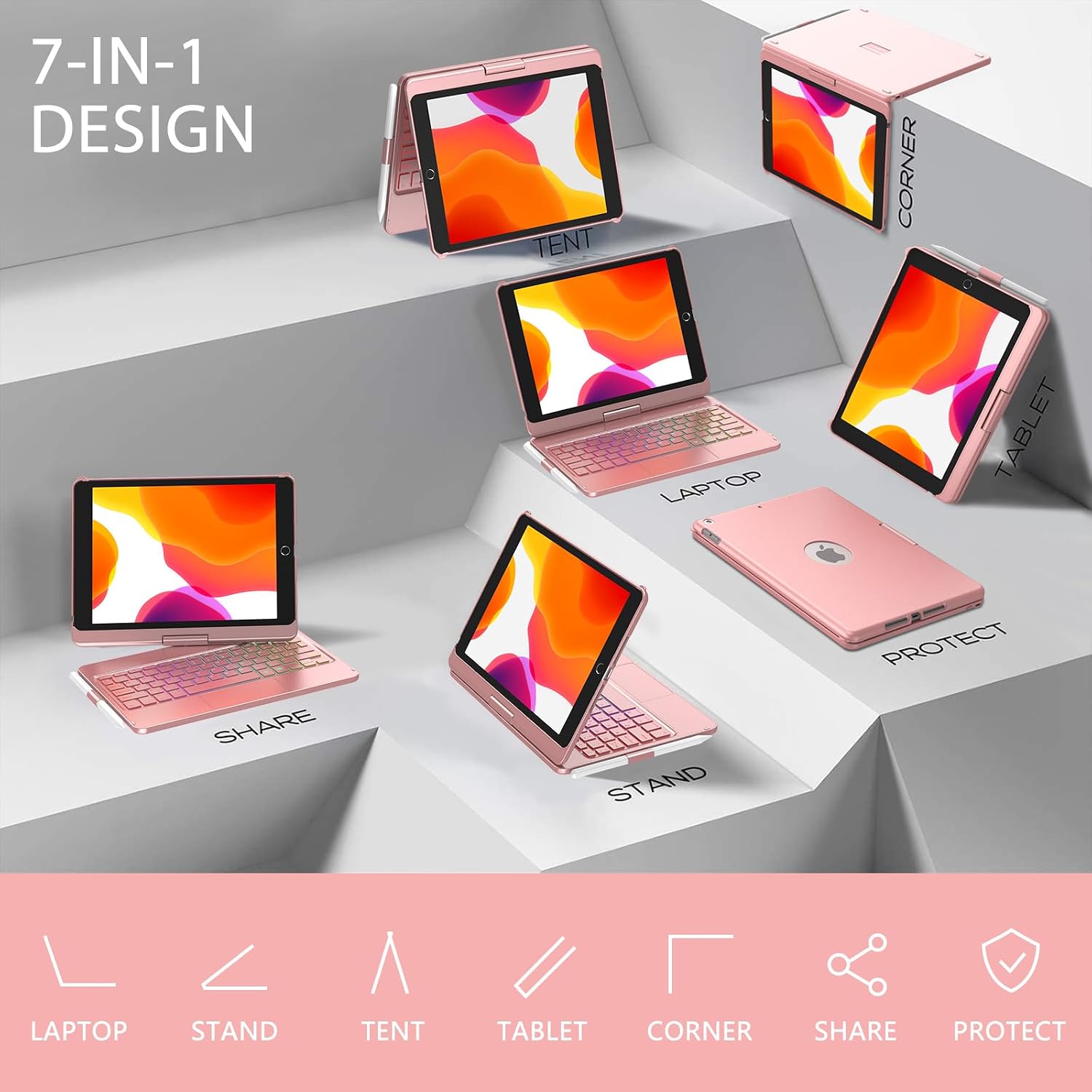 Thumbnail 4 de Tastatur Hülle für iPad 10.2 Zoll mit Bluetooth, Touchpad & 7-farbiger Hintergrundbeleuchtung