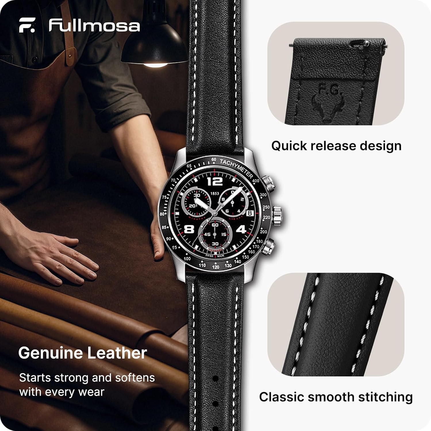 Detalle de Fullmosa Cinturino in Pelle 22mm con Quick Release per Orologi e Smartwatch – Nero