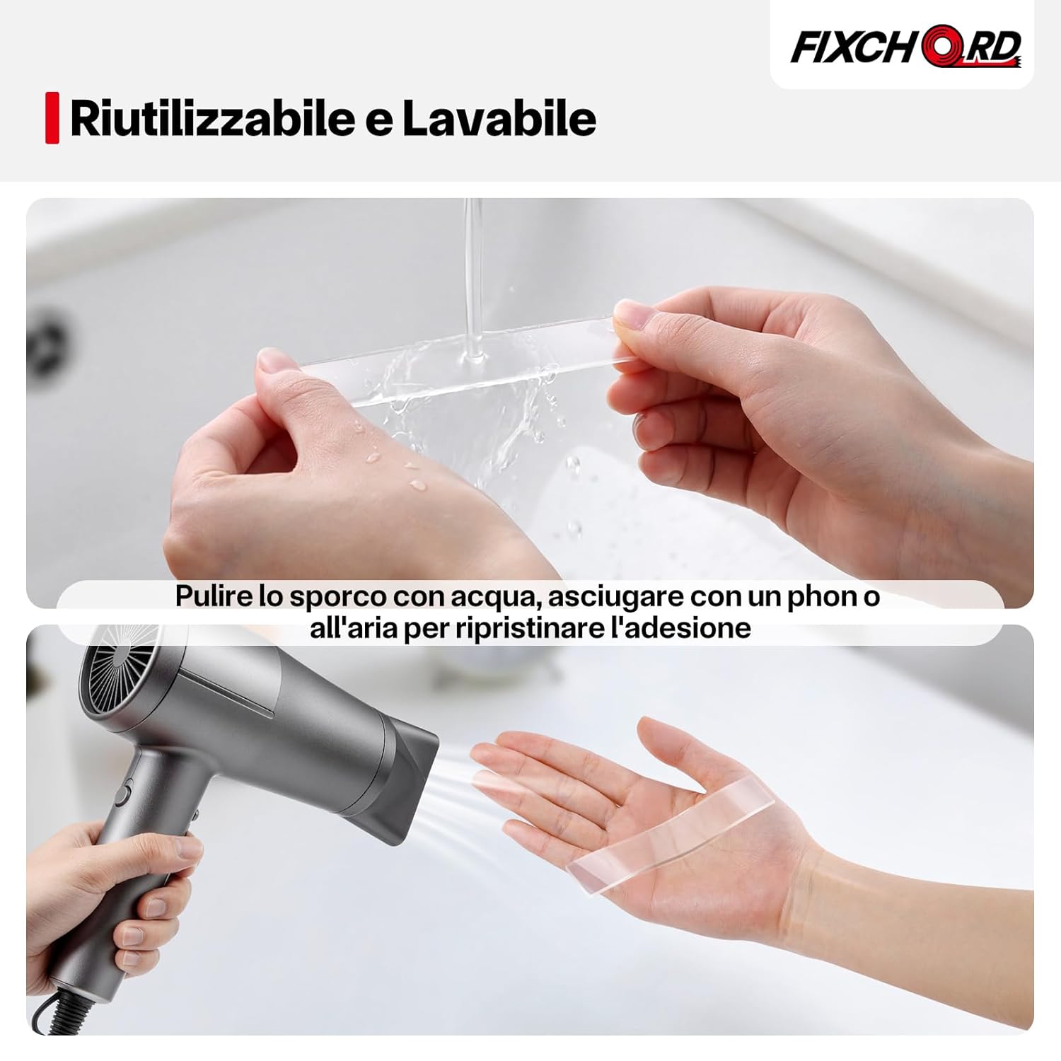 Thumbnail 3 de FIXCHORD Nastro biadesivo extra forte trasparente rimovibile (2 rotoli) in acrilico impermeabile