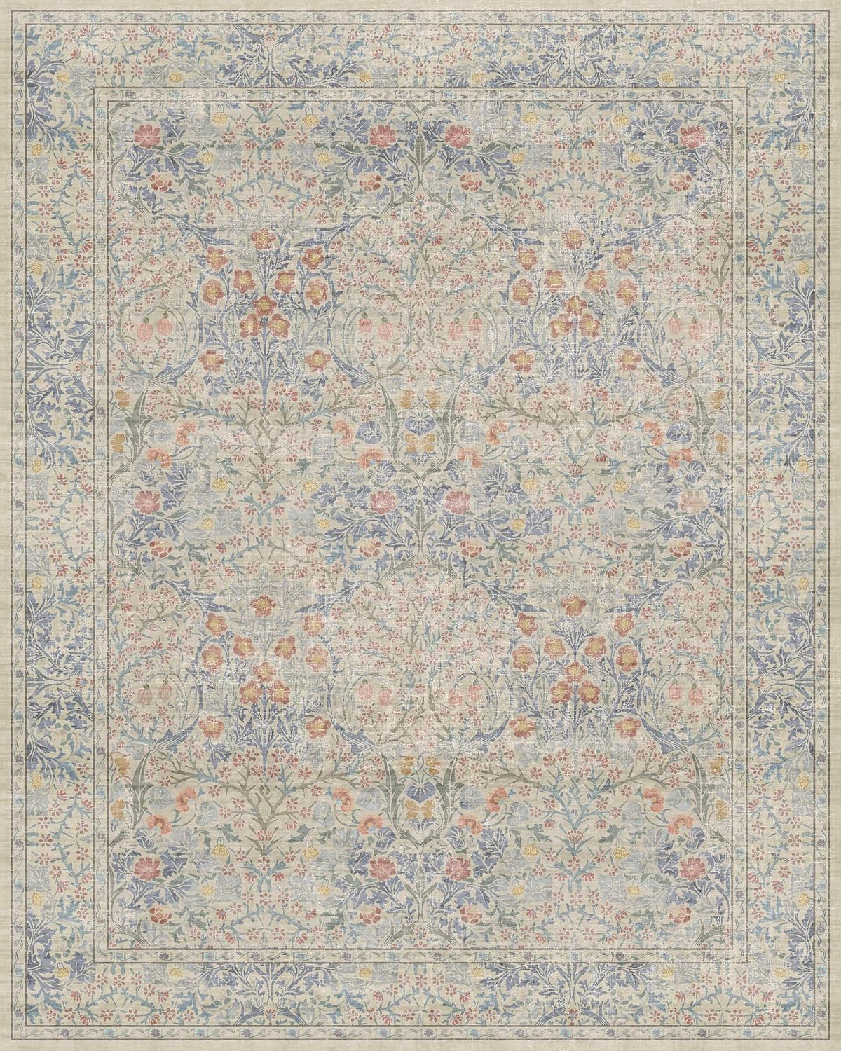 Detalle de 8x10 Washable Rug for Living Room – Vintage Floral, Non-Slip, Low-Pile (Beige/Blue)