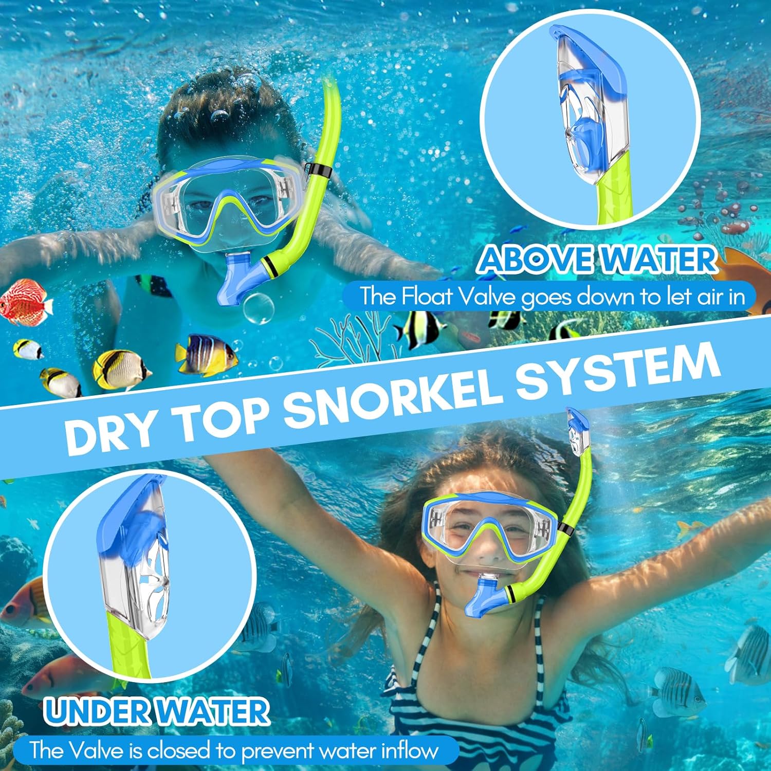Detalle de HiiPeak Kids Snorkeling Gear: Tempered-Glass Mask with Nose Cover and Dry-Top Snorkel (Ages 5–15)