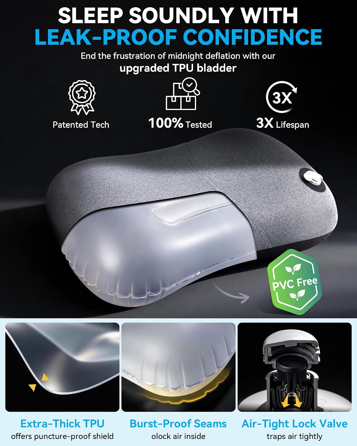 Detalle 2 de HIKENTURE aufblasbares Reise-/Camping-Kissen mit abziehbarem Kissenbezug (schwarz) – ergonomisches Nackenkissen fürs Unterwegssein