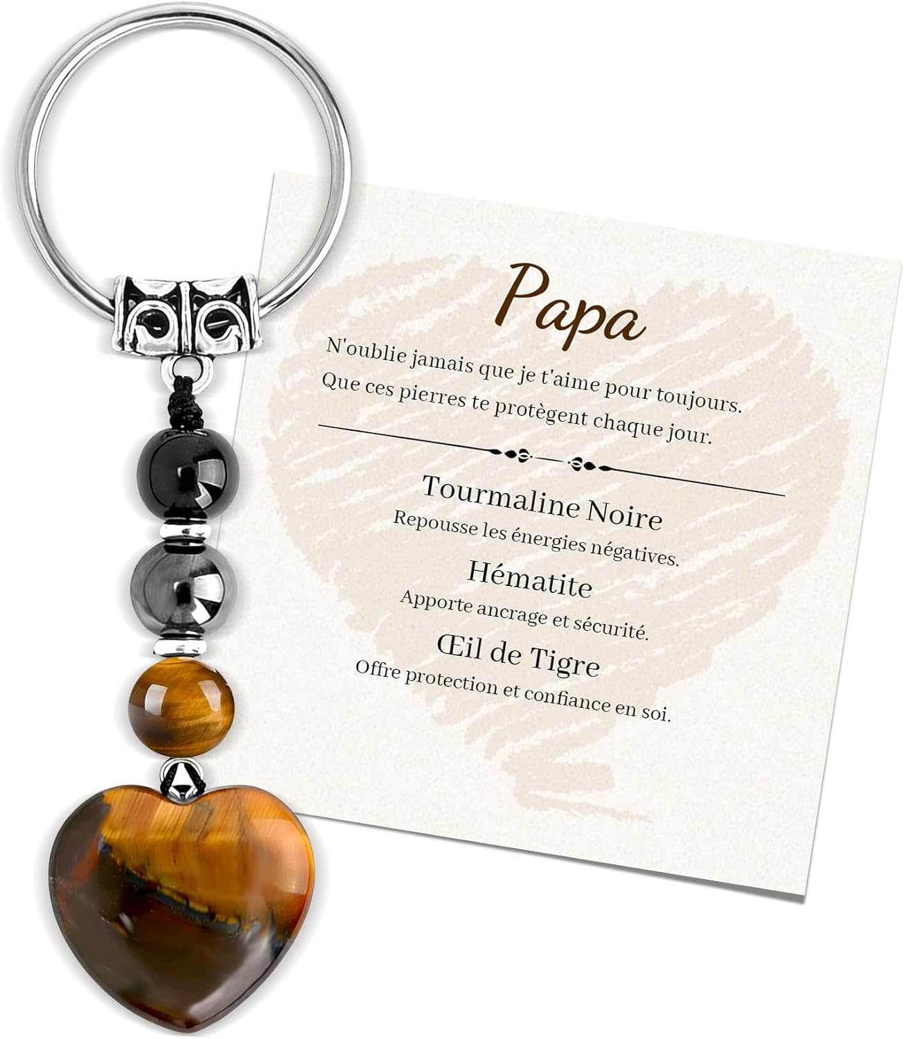 Detalle de Seyaa Cadeau Fete des Peres – Porte-clef Coeur en Œil de Tigre, Pierre Naturelle