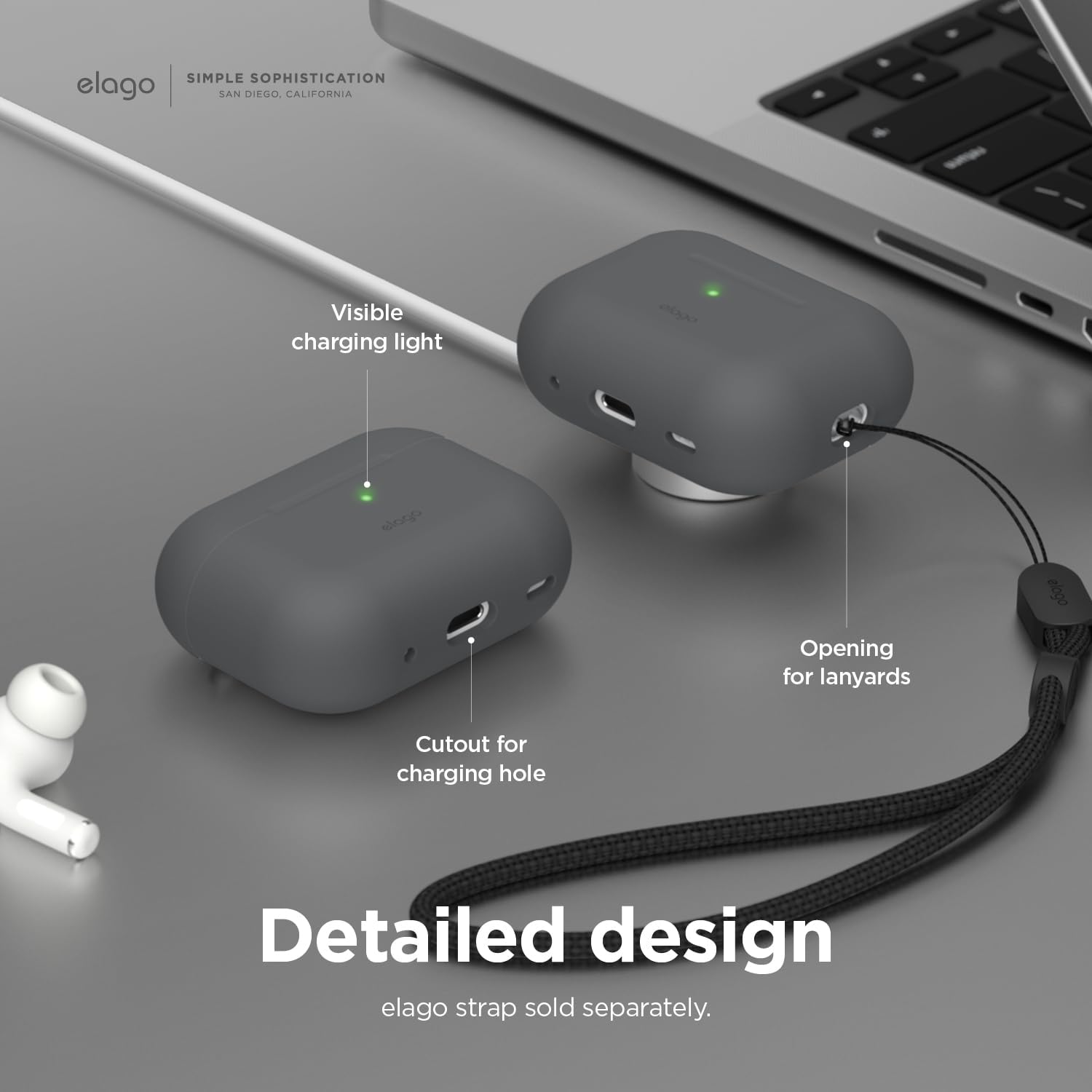 Thumbnail 3 de elago Coque en silicone pour AirPods Pro 2e génération – étui de protection avec LED avant visible et charge sans fil (gris foncé)