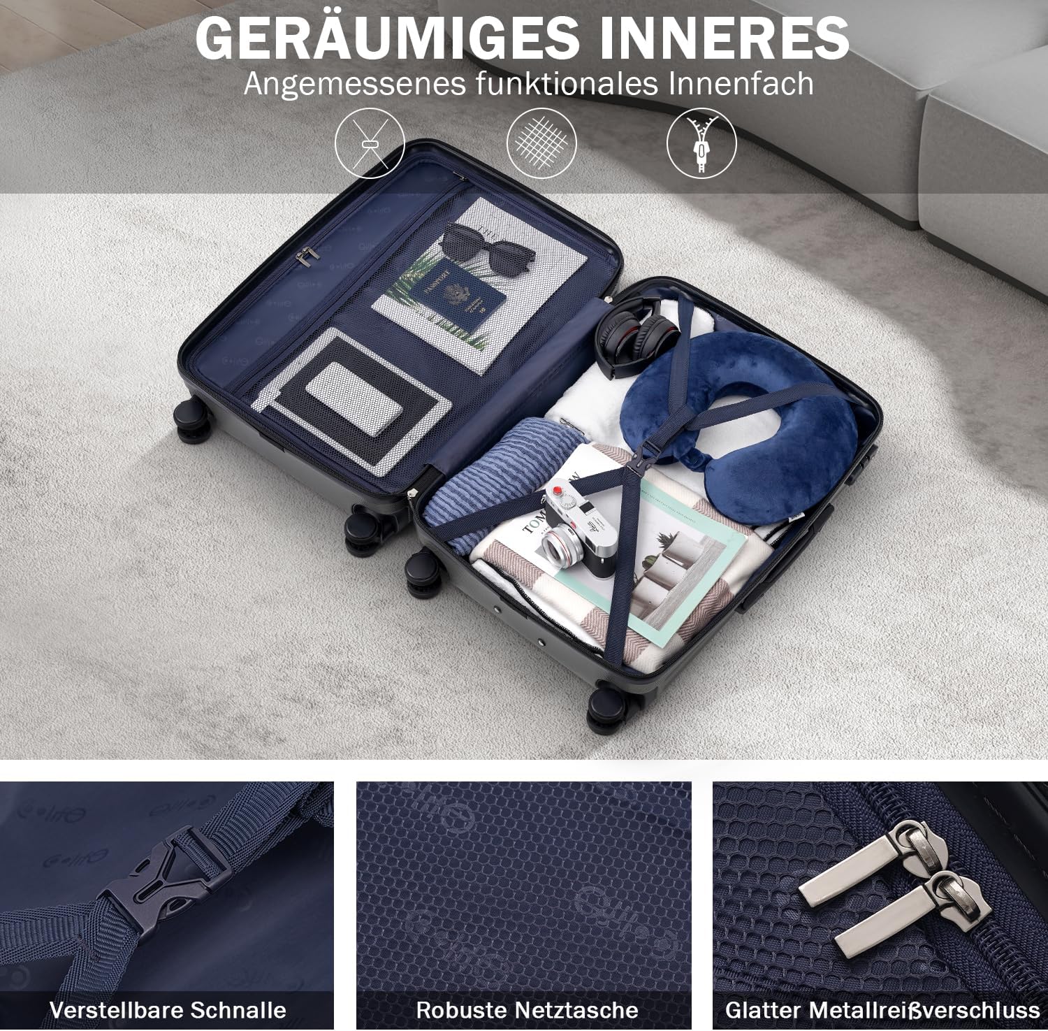 Detalle de COOLIFE Koffer Trolley-Koffer Hartschalen-Koffer 3-teiliges Set – Grau, TSA-Schloss, 4 Zwillingsrollen