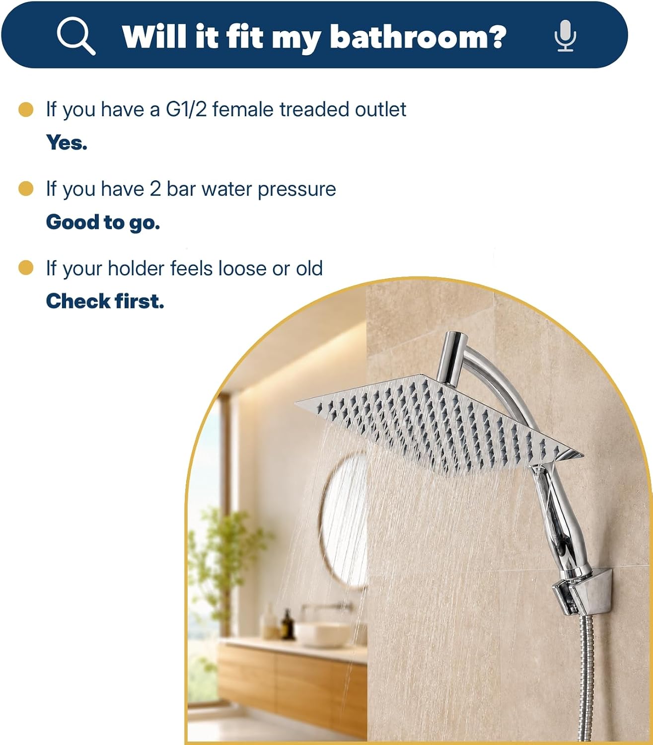 Detalle 2 de SIEYESCITY Large Square Rainfall Shower Head with Handheld Arm (8 inch) – Universal G1/2 rain shower