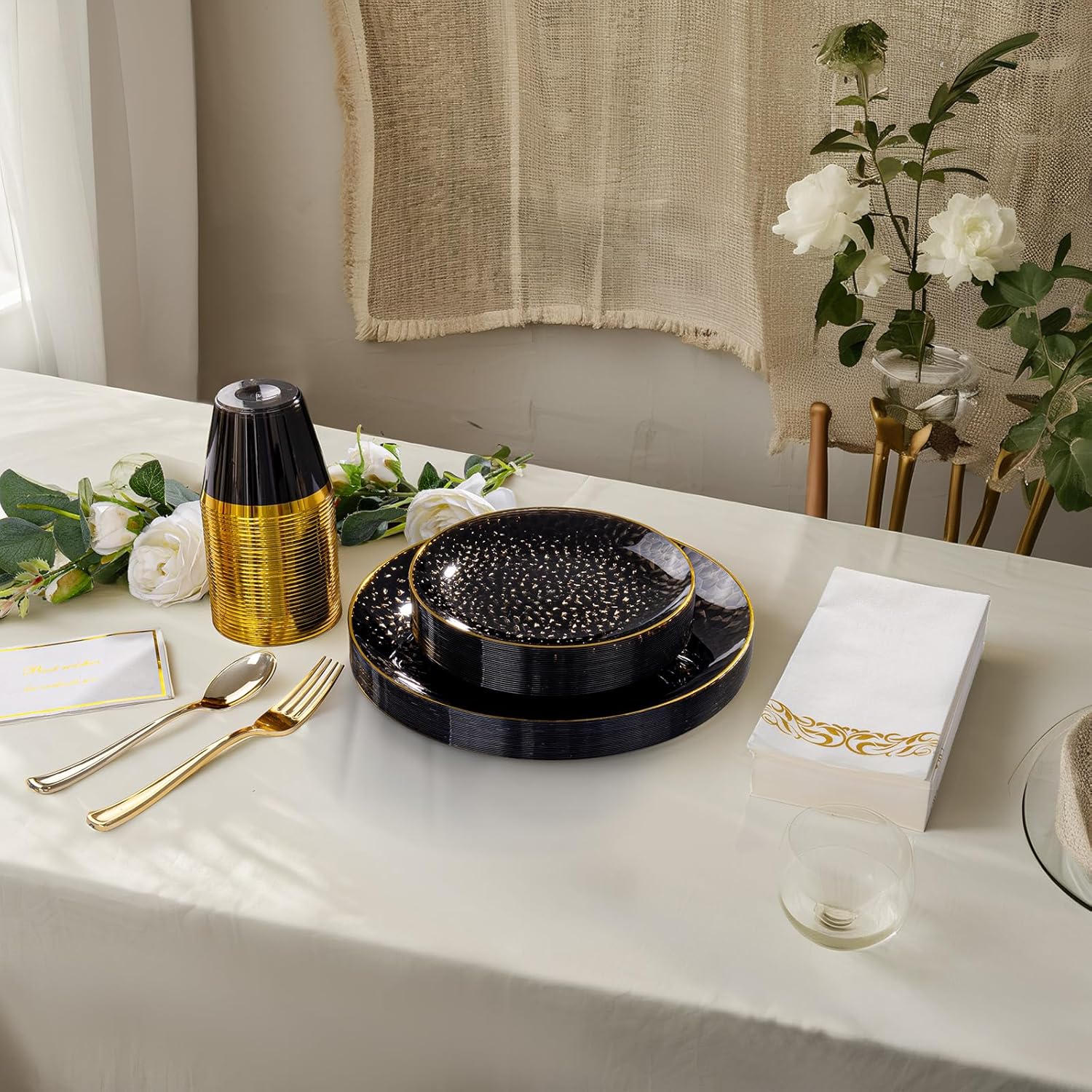 Thumbnail 1 de DaYammi 350-Piece Clear Black & Gold Plastic Dinnerware Set for Parties