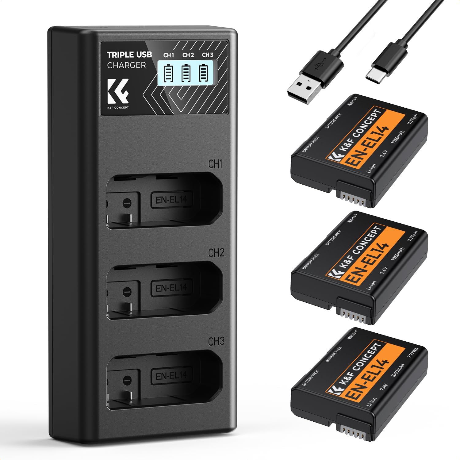 Detalle de K&F CONCEPT EN-EL14/EN-EL14a 3er-Pack Akku + LCD-Ladegerät – kompatibel mit Nikon D5300/D5600 u. a.