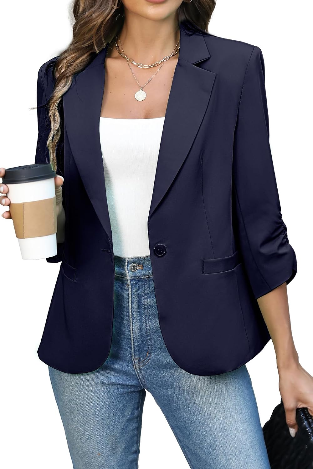 Detalle de ELLEVEN Women's Ruched 3/4-Sleeve Blazer with Full Lining