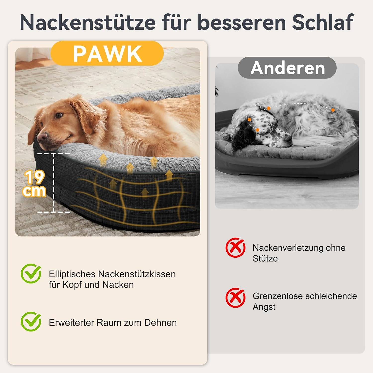 Detalle de Pawk orthopädisches Hundebett XL – Vierseitige Nackenrolle, Memory Foam, wasserabweisend und waschbar