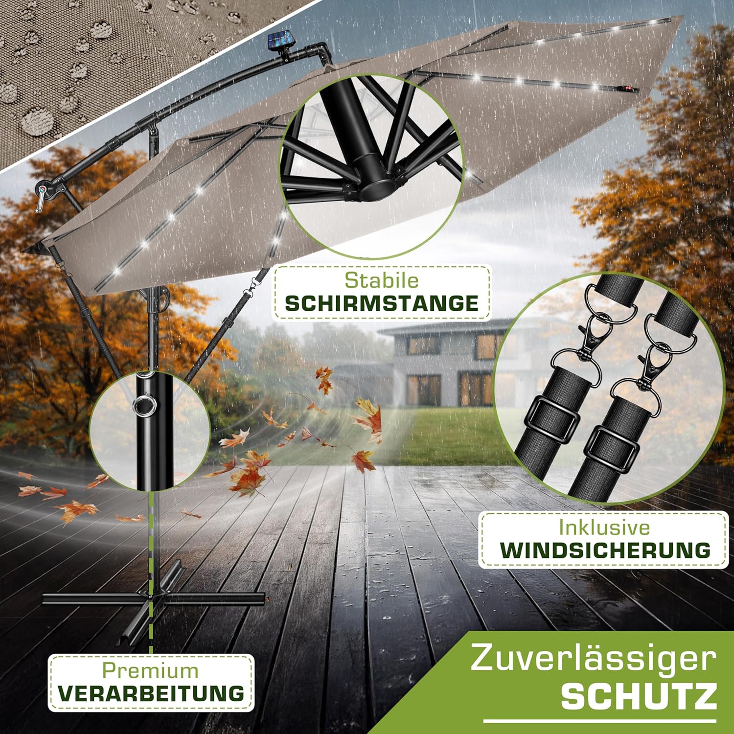 Thumbnail 6 de tillvex Alu Ampelschirm + Abdeckung LED Solar Ø 300 cm mit Kurbel – UV-Schutz, Windschutz und Beleuchtung