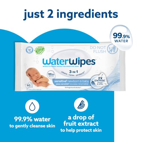 Detalle de WaterWipes Sensitive+ Newborn & Baby Wipes, 240 Count (4 Packs) - 99.9% Water, Unscented, Hypoallergenic
