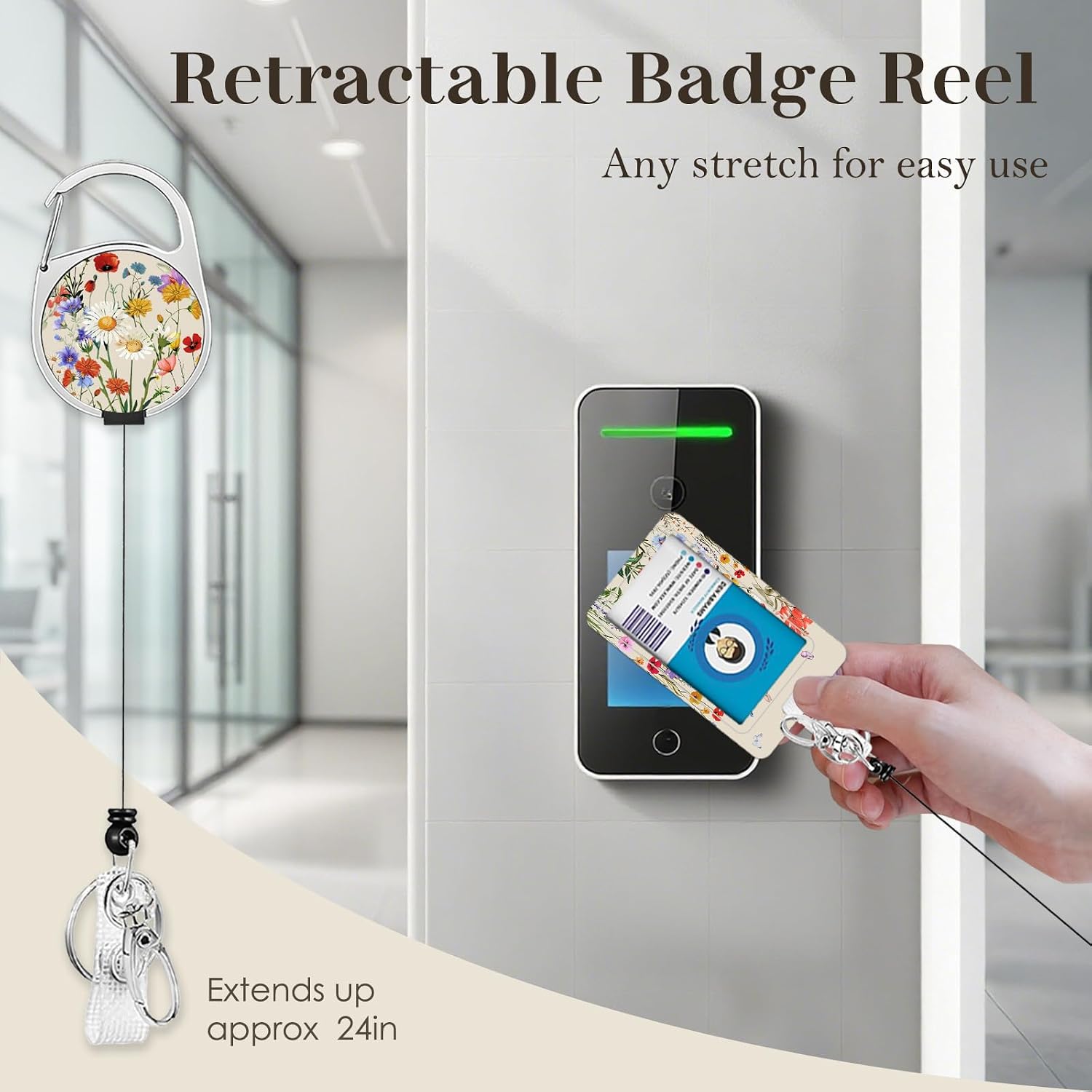 Detalle de Black Cat Lanyards ID Badge Holder with Retractable Reel and Floral Design