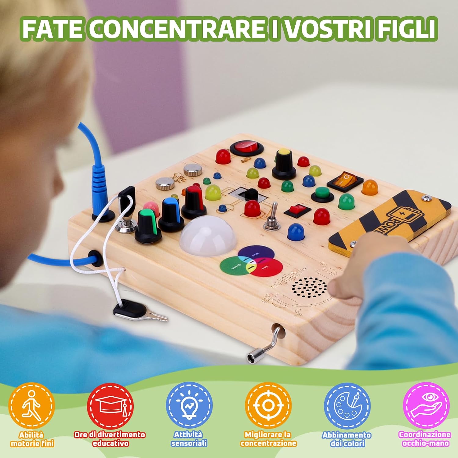 Thumbnail 4 de Giochi Montessori 1 anno per bambini: Busy Board in legno Konijiwa con 13 interruttori e 24 luci LED