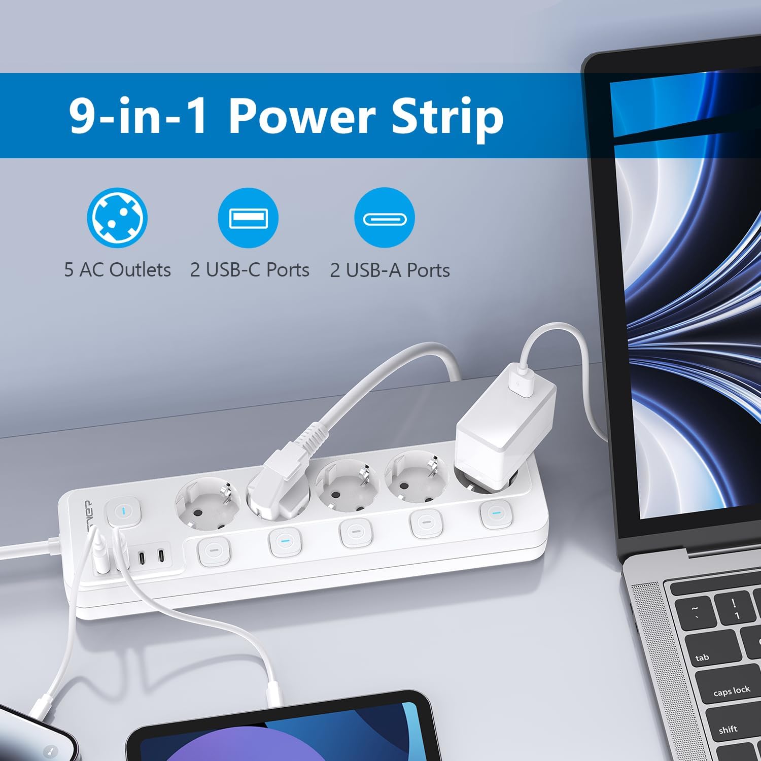 Thumbnail 1 de JSVER Ciabatta Elettrica a 5 Prese: 2 USB-C, 2 USB-A e 2 m di cavo per una ricarica intelligente