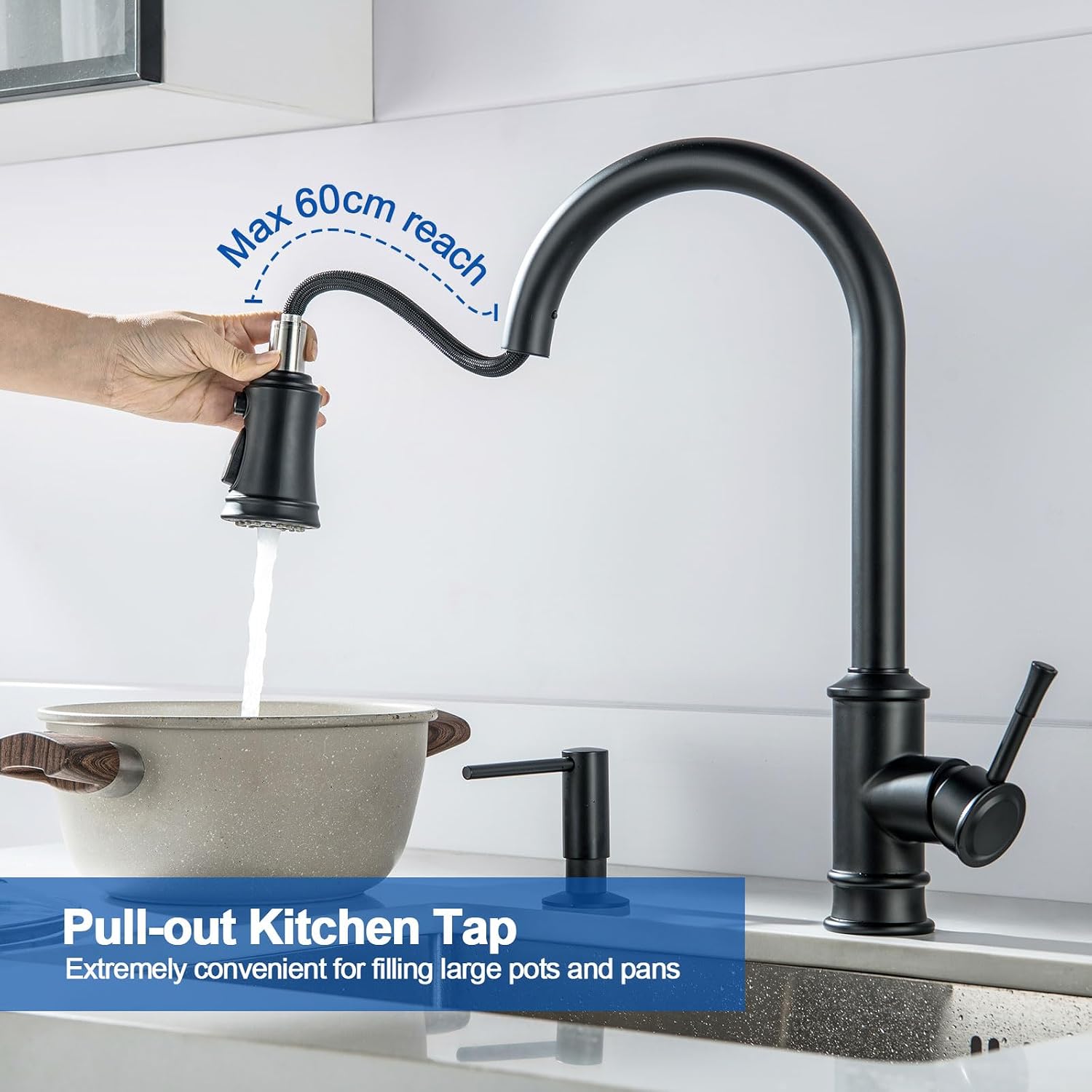 Detalle de Vintage Kitchen PsycheCove Faucet: 360° Swivel, 3 Spray Patterns, Matte Black